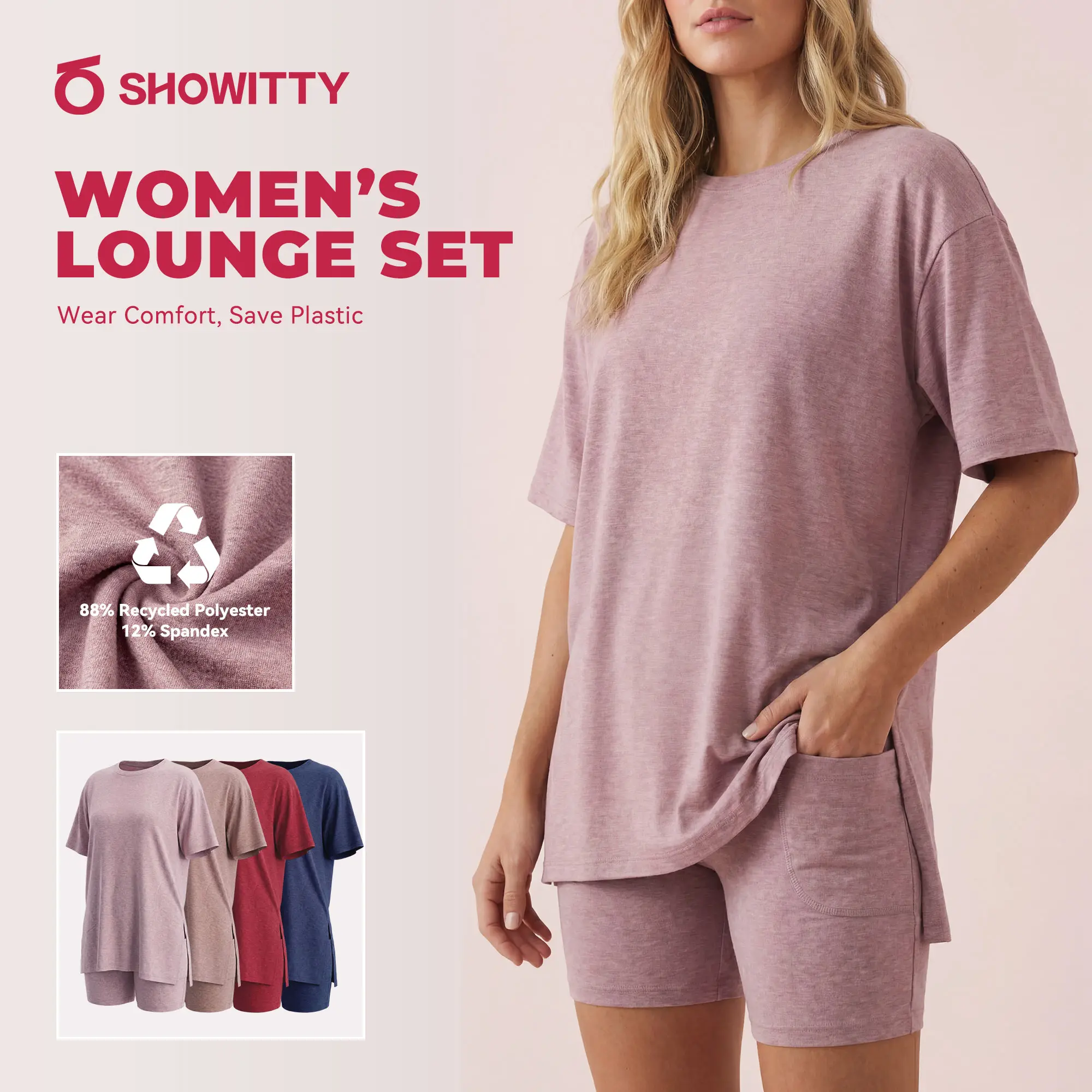 SHOWITTY Womens 2 Piece Athletic Lounge Set – Short Sleeve Crew Neck Top & Shorts with Pockets, Recycled Stretch Activewear Outfit #tiktokshopsummersale