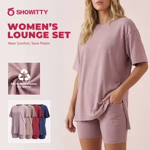 SHOWITTY Womens 2 Piece Athletic Lounge Set – Short Sleeve Crew Neck Top & Shorts with Pockets, Recycled Stretch Activewear Outfit #Summervibes tiktokshopspringglowup
