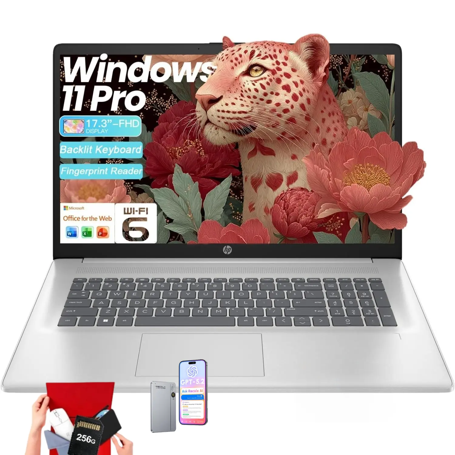 HP Essential Business Laptop, 17.3" FHD Display, Intel Core i5-1334U, up to 32GB RAM, 512GB SSD, Wi-Fi 6, Webcam, Backlit Keyboard, Windows 11 Pro, Silver, Bundle Accessory