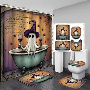 1/3/4PCS Halloween cartoon style ghost in bathtub with wine glasses Shower Curtain Set with Rugs, Non Slip Bath Mat, U-Shape Carpet, Toilet Lid Cover, Polyester Fabric Bathtub Curtain Accessories, 12 Hooks, Home Bathroom Festival Decor