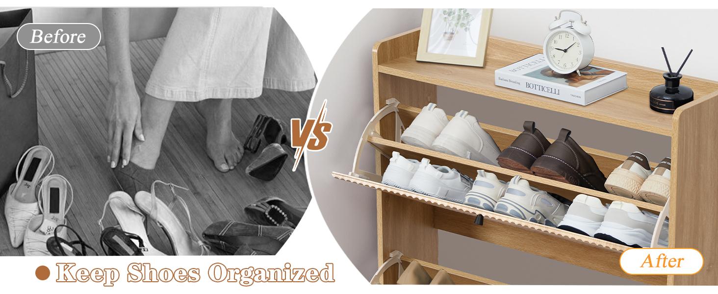 Giratree Fluted Shoe Cabinet with 2 Flip Drawers, Modern Slim Shoe Storage Organizer, Narrow Entryway Shoe Rack, Tipping Shoe Cabinet with Metal Legs for Heels, Boots, Slippers in Entrance