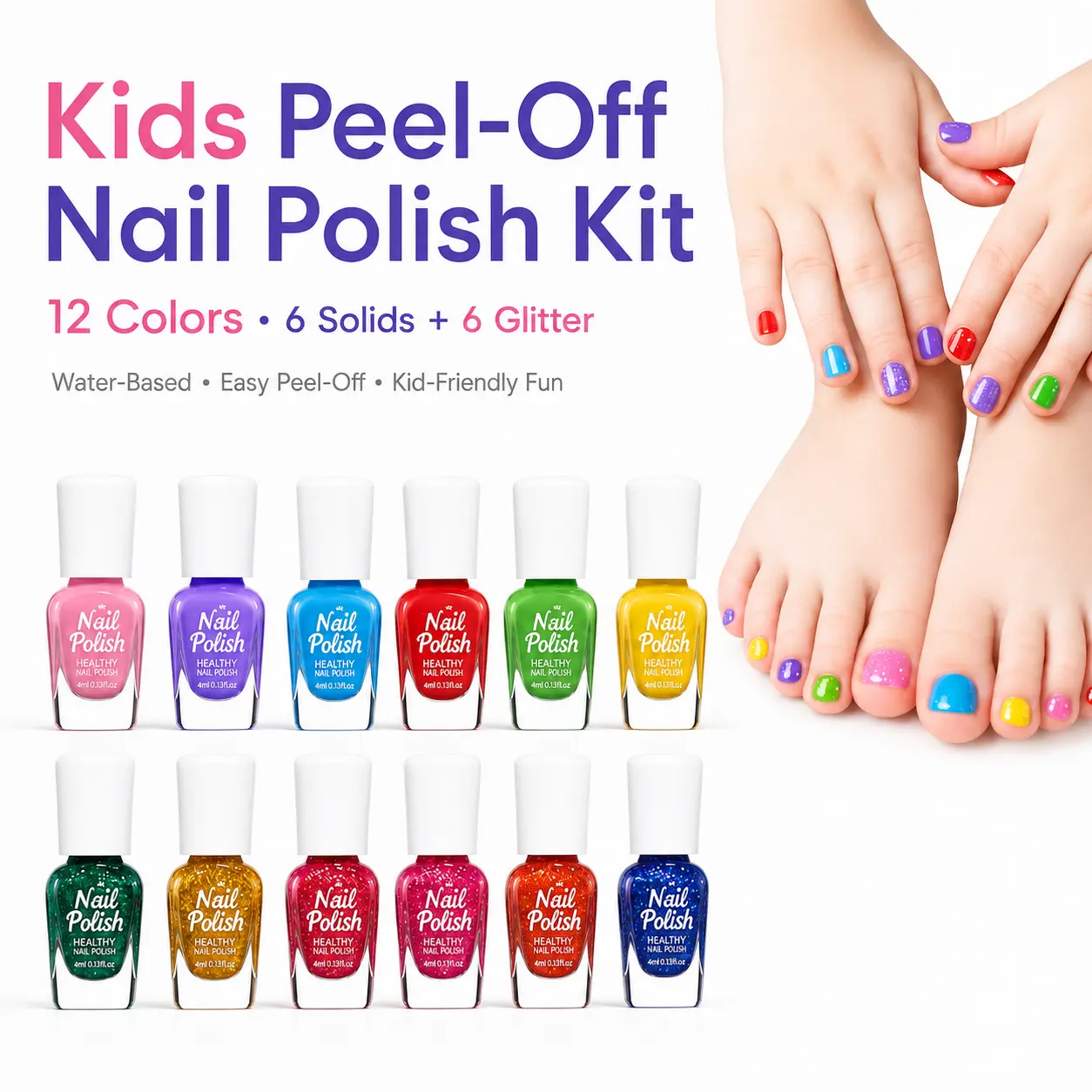 Quick Dry Kids Nail Polish Set, Non-Toxic Toddler Nail Polish, Water-Based Peelable Fingernail Polish for Kids, 6 Color Rainbow Nails Polish for Party, Holiday Favors