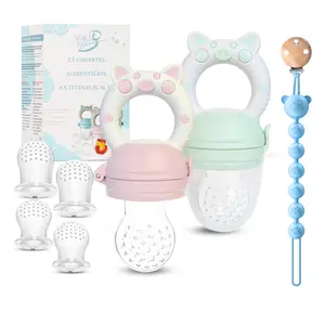 Baby Fruit Feeder Pacifier - BPA-Free Silicone Baby Food Feeder for Self-Feeding - Teething Relief - 4+ Months, 6 Silicone Nipples - 2 Pack Fresh Fruit Pacifier Frozen Teether - Pink & Green