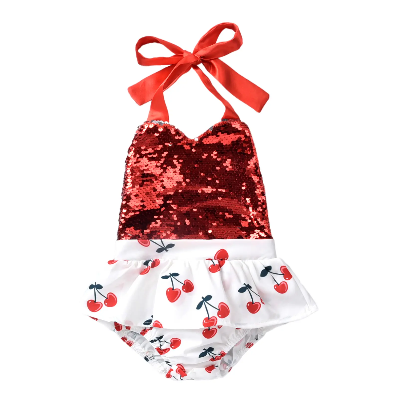 Newborn Baby Girl Clothes Infant Sleeveless Romper Cherry/Flower Print Backless Jumpsuit with Sequins Kids Summer Clothing