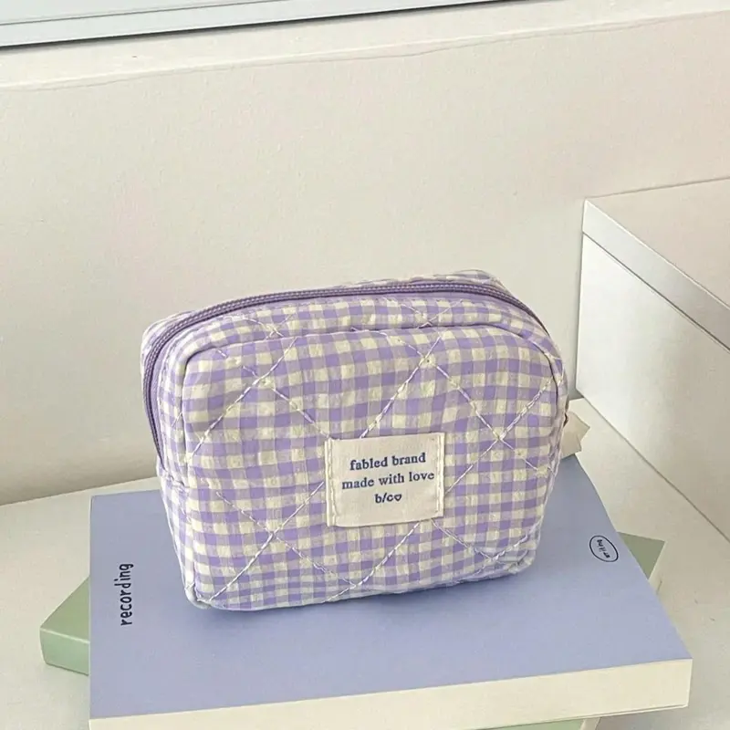 Quilted Lace Plaid Fabric Makeup Bag, Multifunctional Makeup Organizer Bag, Cute Zipper Makeup Bag, Women's Tampon Organizer, Makeup Bag with Zipper Closure, Makeup Storage Bag, Cosmetics Organizer, Cosmetic Bags