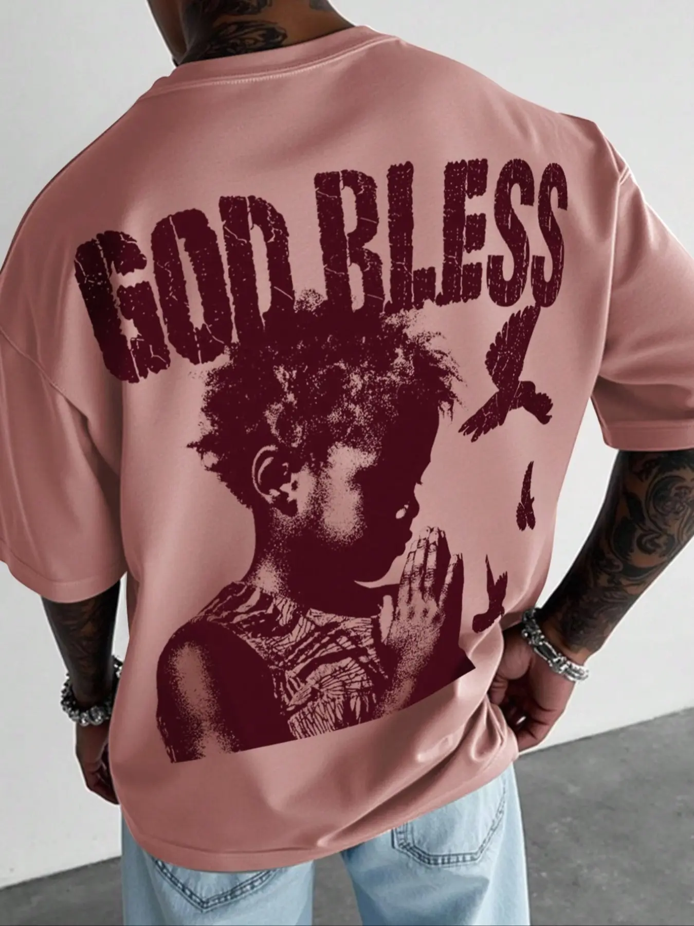 God Bless T-shirt, Vintage Casual Oversized Short Sleeve Graphic Tee, Streetwear Faith Shirt, Distressed Praying Angel Tee, Gothic Hip Hop Menswear Aesthetic T-shirt.