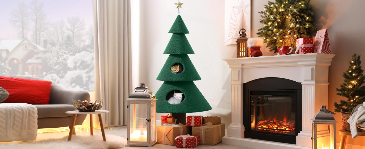 Yitahome Red Green Cat Tree with Cat Teaser Toy, Cat Tower for Indoor Cats with Cat House, Tree Design with Plush Ball for Cats