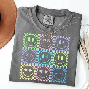 Neon Summer Smiley Face Checkerboard T-shirt, Sunshine Beach Life Shirts, Mom Life Gift, Summer Neon Trendy Sweatshirt, Vintage Graphic Tees, USA Country Music Tour Concert, Women’s Hoodie, Cowgirl Western Outfits Women Tops