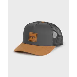 BILLABONG Stacked Trucker Hat Leather Patch Hat, Polyester Cotton Twill 5-Panel Design Semi Curved Bill Snapback Closure Embroidered Embossed Faux Flag Label, Vintage Casual Baseball Cap