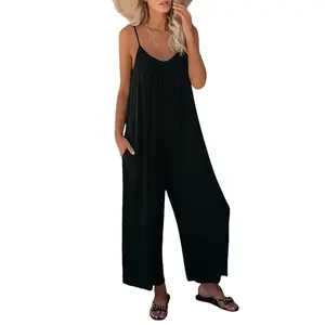 2026 New Women's Backless Jumpsuit, Adjustable Thin Spaghetti Straps, Wide-Leg Loose Casual Resort Style Jumpsuit with Pockets, Perfect for Vacation Daily Wear