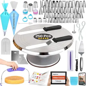 PLL 250 PCs Aluminum Cake Decorating Tools Kit – 12" Metal Turntable, 48 Numbered Tips, Russian Nozzles, Spatulas, Leveler & Heavy-Duty Bakeware Set bakery  supplies Steel Disposable