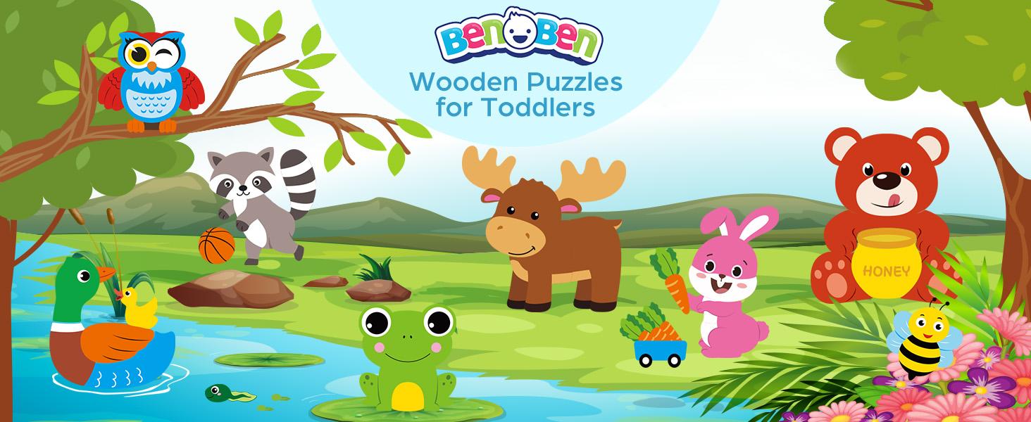 BenBen Wooden Puzzles for Toddlers 1-3, 8 Pack Animal Puzzles for Toddlers 2-4, Montessori Toys for 1 2 3 Year Old Boys Girls, Learning Educational Preschool Toys