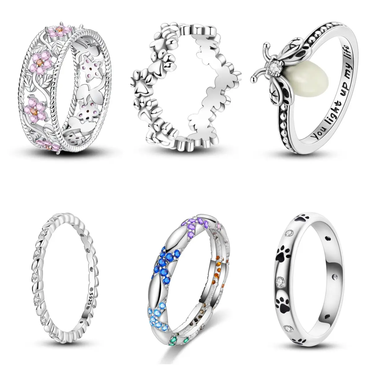 MULA Nature and Animal Theme Ring | 925 Silver Paw Print, Floral and Butterfly Design | Colorful Zirconia Accents | Perfect Gift for Women, Pets and N