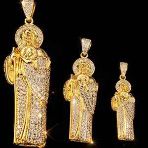 3 Sizes - San Judas Tadeo - 14K Gold Plated Featuring Ice Diamond Zircon Pendant Figaro Cuban Chain Necklace 18" 20" Fashion Chain Unisex Jewelry for All Occasions
