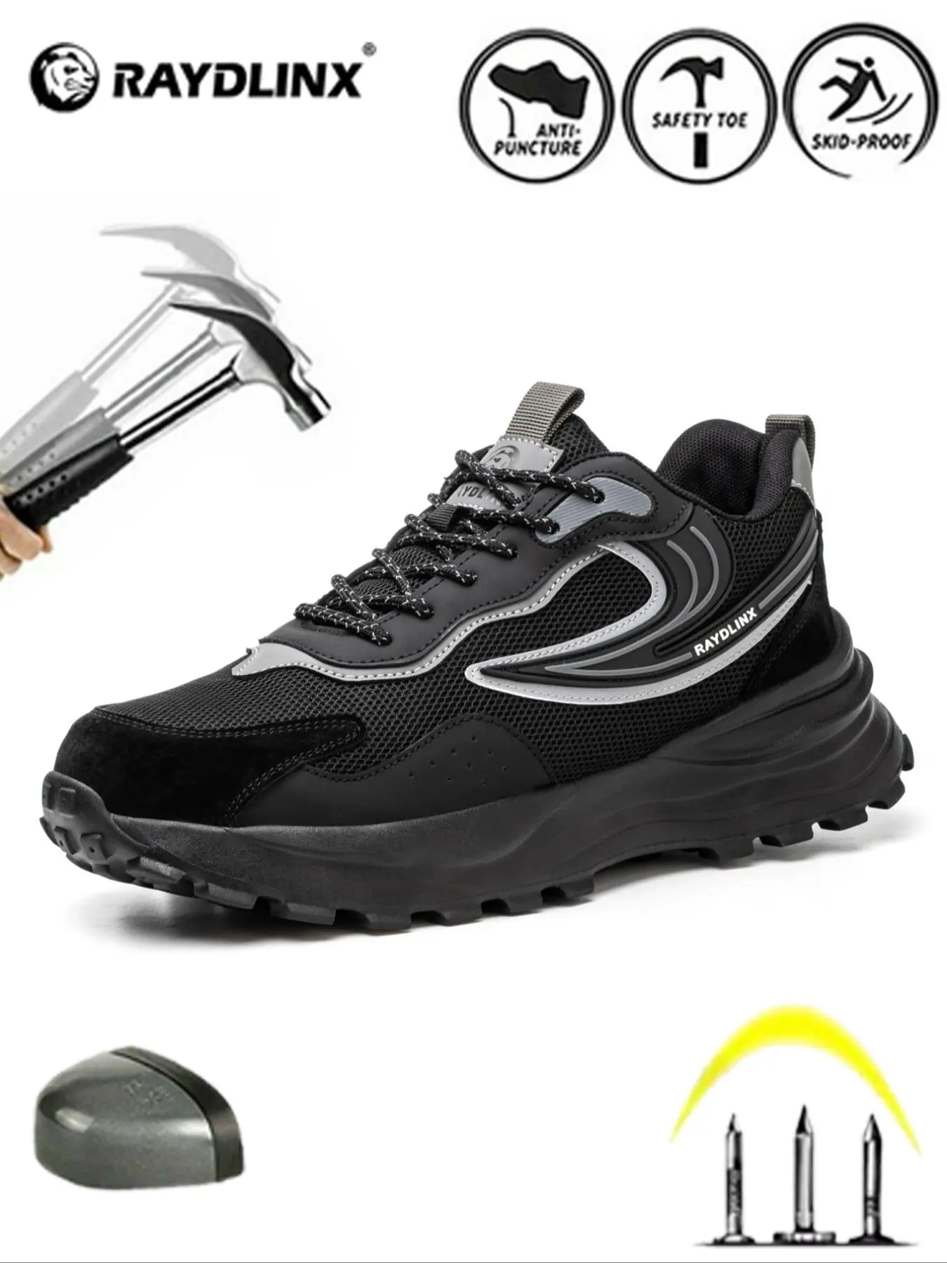 Men's Patchwork Design Work Safety Shoes, Lightweight Breathable Anti-slip Safety Shoes, Anti-shock Anti-perforation Non-slip Work Shoes for Men, Protective Footwear, National Day Offers, Work Safety Sneakers, Nonslip Work Shoes, Black