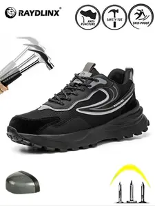 Men's Patchwork Design Work Safety Shoes, Lightweight Breathable Anti-slip Safety Shoes, Anti-shock Anti-perforation Non-slip Work Shoes for Men, Protective Footwear, National Day Offers, Work Safety Sneakers, Black