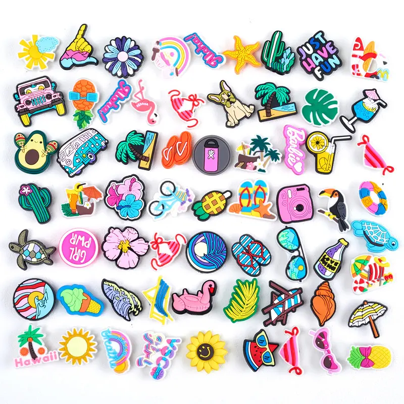 64Pcs Soft PVC Push-In Shoe Charms, Cute Hawaii Tropical Footwear Decor for Girls/Women’s Clog Sandals & Rubber Wristbands, Waterproof Shoes Accessories (Beach Parties, Birthdays) - Flamingo Palm Turtle Sunflower Rainbow Surfboard Ornaments, Eco-Friendly,