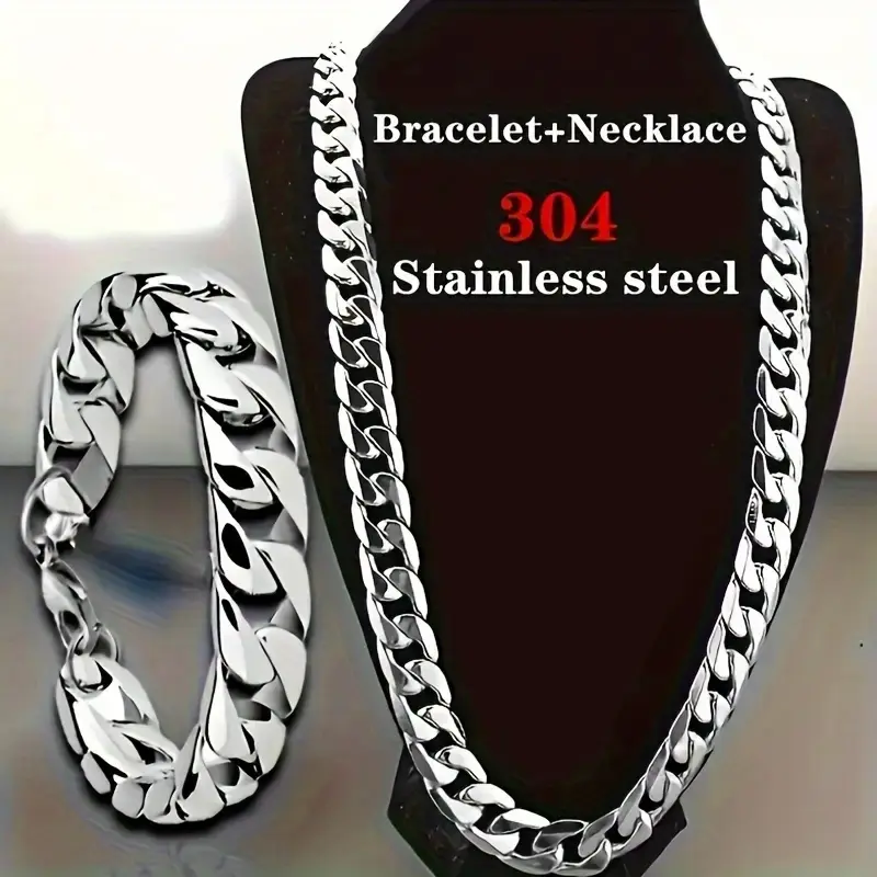 2pcs/set Men's Stainless Steel Cuban link chain Bracelet Necklace Set Classic Fashion Jewelry Gift For Women Men