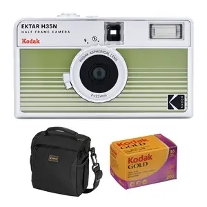 Kodak EKTAR H35N Half Frame Film Camera, Striped Green, Bundle with Kodacolor Gold 200 35mm Color Negative Roll Film and Slinger Alpine Shoulder Bag