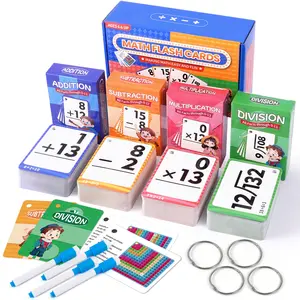 Multi Math Flash Cards Set for Kids Grades 1-5 Write & Wipe with Markers Self-Checking Math Flashcards Addition Subtraction Multiplication Division Homeschool Learning
