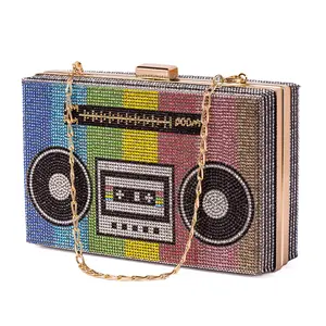 Women Retro Radio Shape Colorful BoomBox Crossbody Bag Rhinestone Metal Vintage Evening Clutch Purses