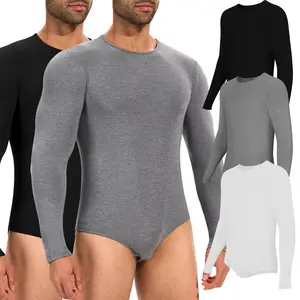 Mens Long Sleeve Full Body Shaper Bodysuits Briefs Romper Pajamas Black White Deep Gray Shapewear Breathable Comfy Lightweight Underwear Undershirts Menswear Viscose Stretchy Crew Neck Soft Classic Elastic Plain Spandex