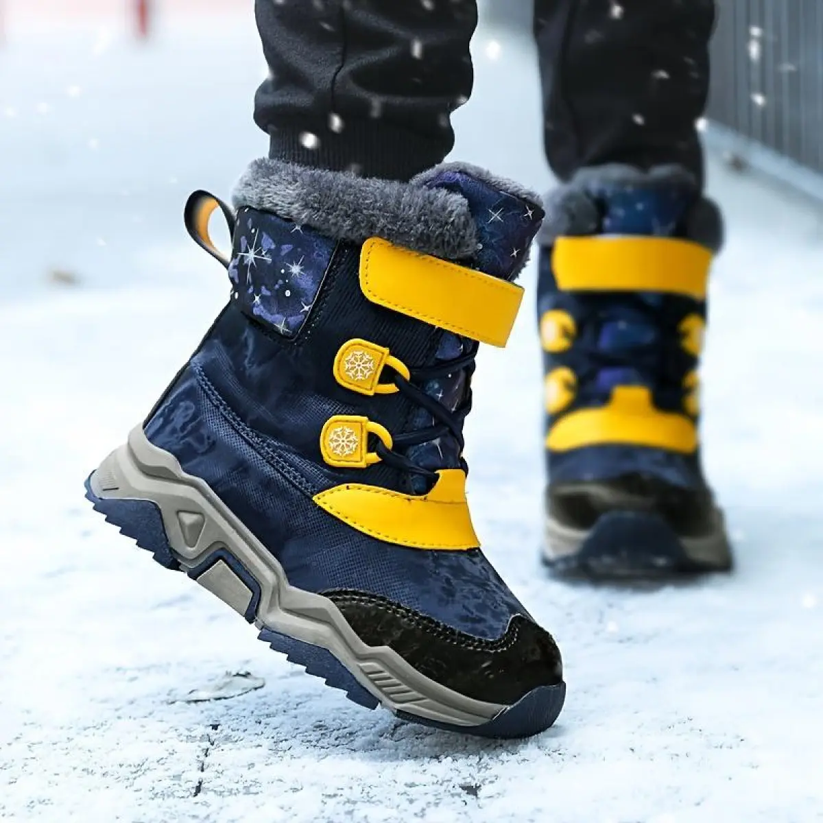 Boys' Cozy Winter Snow Boots - Warm, Non-, Comfortable Outdoor Casual Boots with Closure & Plush Lining, Navy Blue with Yellow Accents, Striped Design, Perfect Autumn and Winter, Winter Boots Winterboots, Winter Boot Shoes, Round Toe