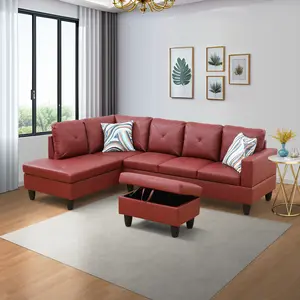 3-Piece Modern Red Faux Leather Sectional Sofa Set, Waterproof Easy-to-Clean Indoor Furniture with Sturdy Support & Elegant Design, Perfect for Apartment Living Room Decor (3 Packages Shipping)