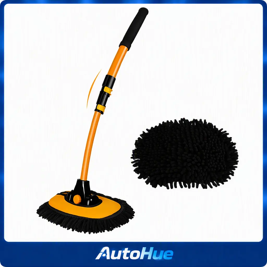 AutoHue 15° Curved Car Cleaning Brush with Telescopic Handle 43" Aluminum Alloy Long Rod Wash Mop For Washing Caravan Van Truck Boat RV Roof Soft Chenille Head Duster Clean Product Not Hurt Paint Scratch Free