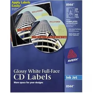 Avery AVE8944 Avery Inkjet Full-Face CD Labels- Glossy White- 20/Pack- PK - AVE8944