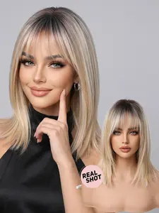 16-Inch Elegant Wig with Highlights and Bangs, Gradient Color Synthetic Fiber, Synthetic Ombre Wig, Long Curly Wig for Daily Use or Parties