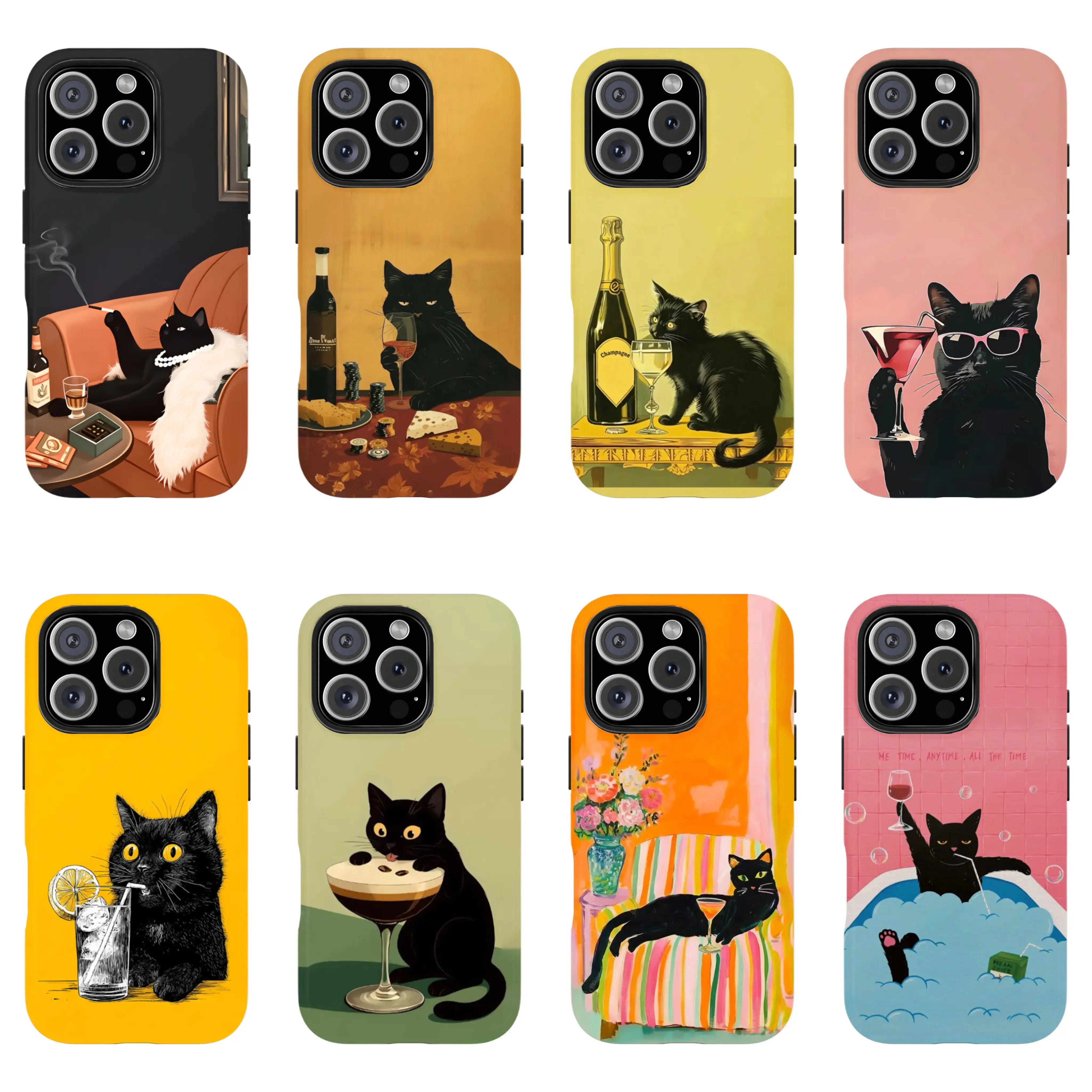 Customized Black Cat Cocktail 2-Piece Poly + TPU Rubber Phone Case for iPhone 11-17 Pro Max Plus, Retro Lounge Bar Aesthetic, Shockproof Protector with Resistance, Wireless Charging Compatible, Heavy-Duty Pet Lover Gift