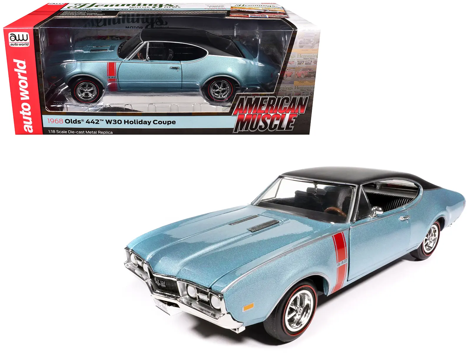 1968 Oldsmobile 442 W30 Holiday Coupe Teal Frost Metallic with Red and Black Vinyl Top 1/18 Diecast Model Car by Auto World