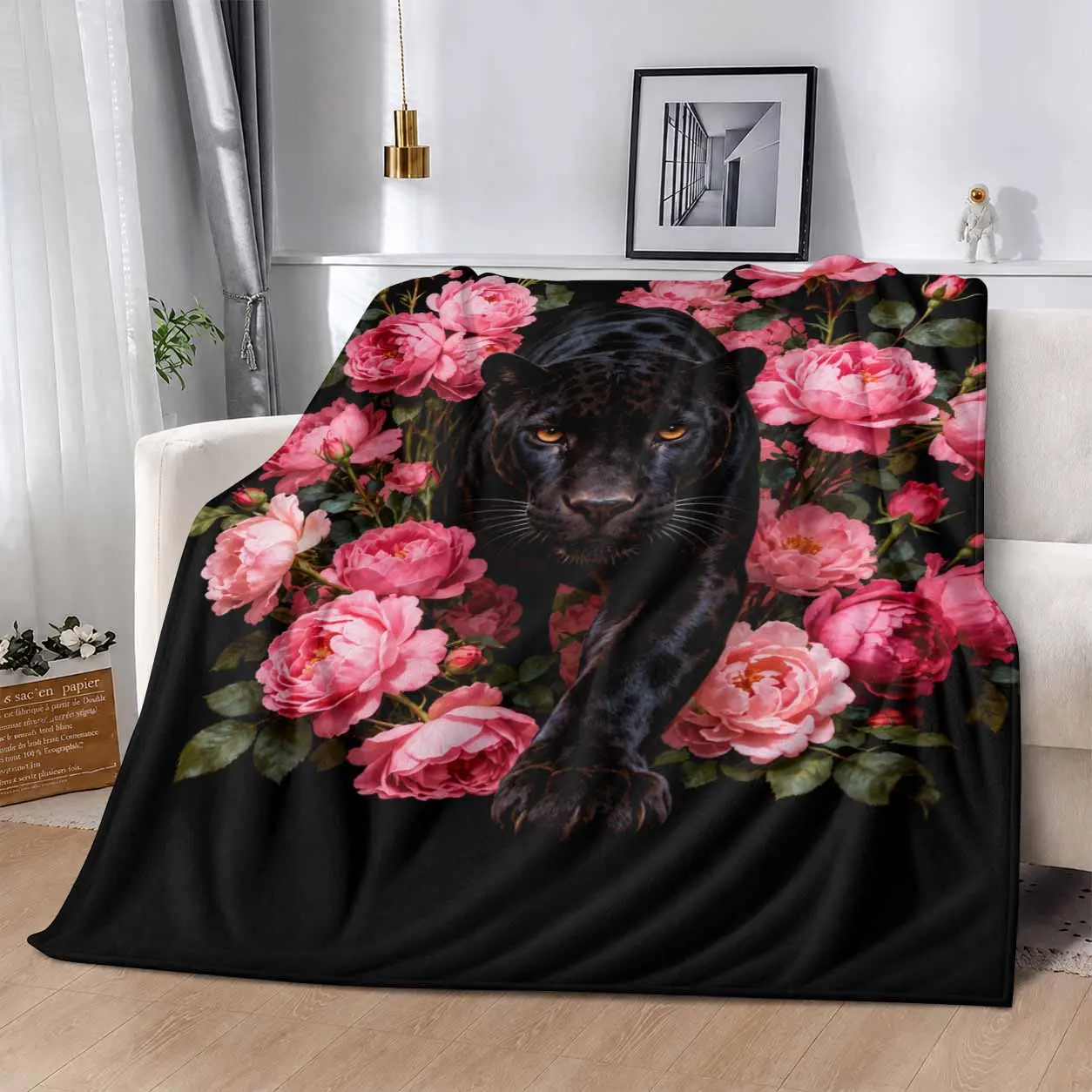 Black Panther Floral Blanket. Suitable for bed. sofa. camping. cold movie theater or travel! A perfect gift for your family and friends. Soft flannel fleece throw blanket. elegant panther and vibrant roses flower art.