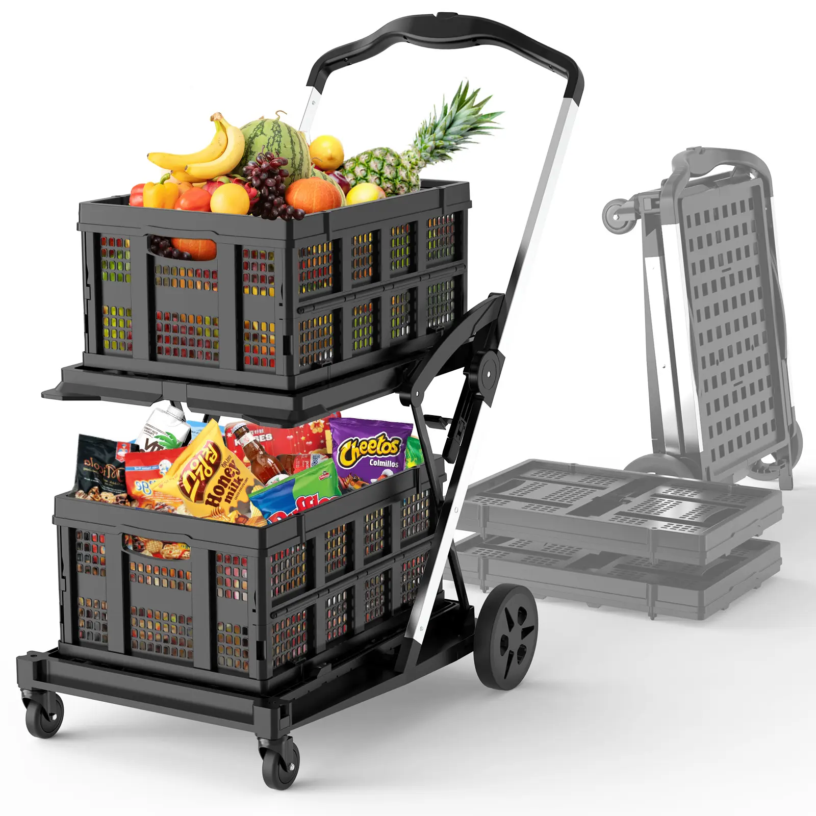 TOOLIOM 2-Tier Folding Shopping Cart, 198 lb Heavy Duty Grocery Cart with 2 Removable Crates, Aluminum Utility Trolley, 360° Swivel Wheels & Brake, Collapsible for Office & Laundry