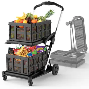 [fathersdaygift] TOOLIOM 2-Tier Folding Shopping Cart, 198lbs Heavy Duty Grocery Cart with 2 Removable Crates, Aluminum Utility Trolley with 360° Swivel Wheels & Brake, One-Button Collapsible Cart for Office, Laundry