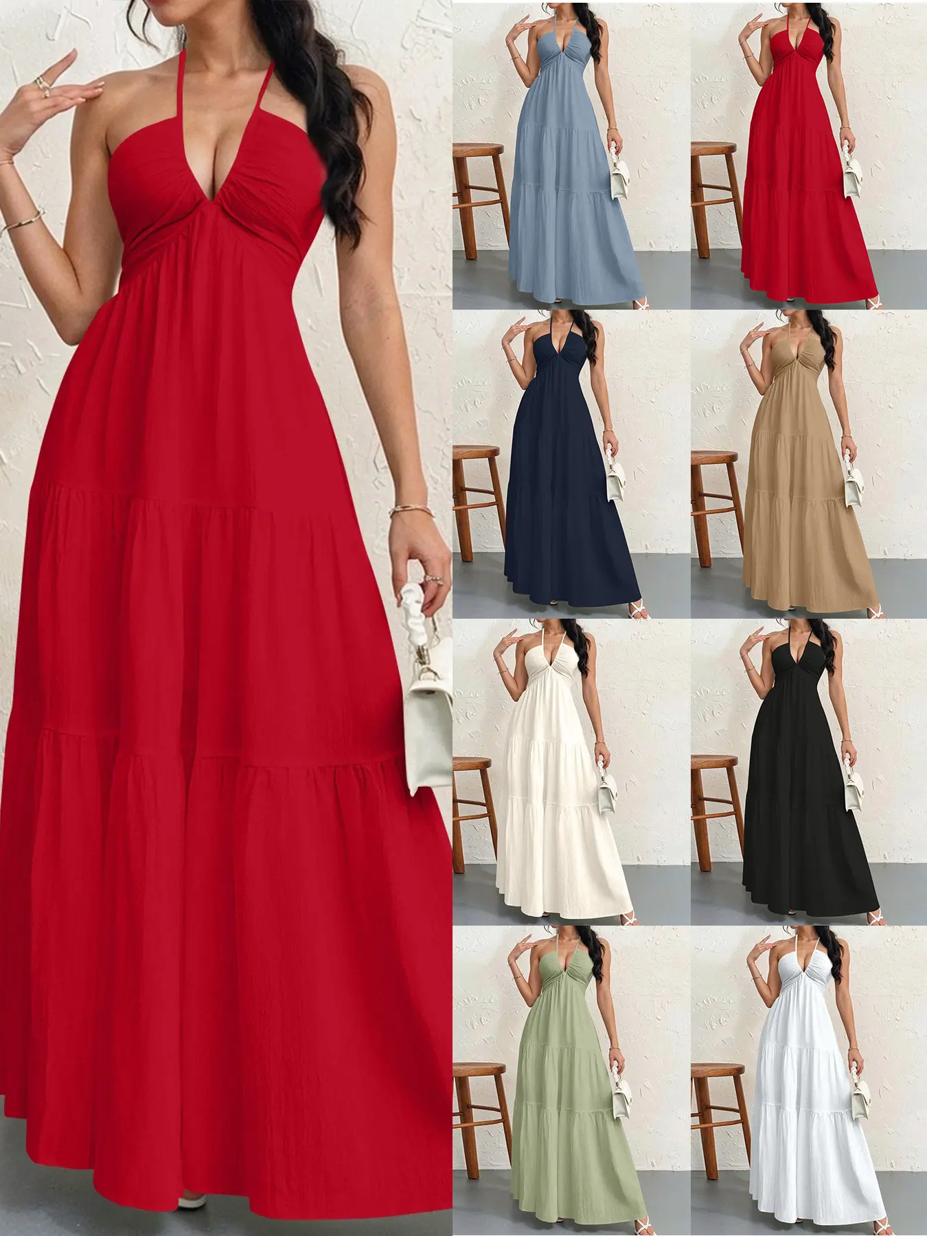 Women's Halter Neck Back-Tie Summer Maxi Dress, V-Neck Halterneck Dress for Beach Holiday Vacation, Ladies A-Line Dress(without Lined)
