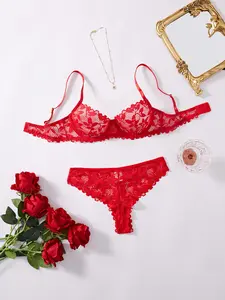 Sexy Christmas Nightdress Radiant Red Lace Lingerie Set For Women, Featuring Delicate Floral Patterns And Scalloped Edges Perfect Blend Of Comfort And Sensuality Bra Seamless Panties Womenswear classic sexy