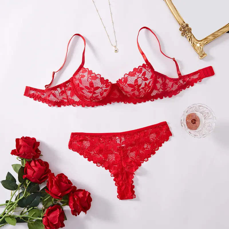 Women's 2-Piece Lace Bridal Lingerie Set - Wedding & New Year V-Neck Radiant Red 3/4 Coverage Bra, Seamless Thong with Scalloped Edges, Lightweight, Comfortable, Hand-Wash Only
