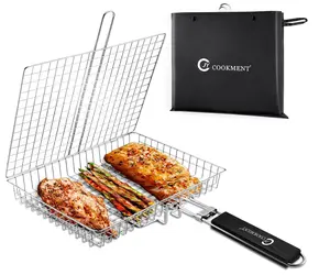 Grill Basket Stainless Steel with Portable Removable Handle, Grilling Basket-BBQ Accessories for Vegetable, Shrimp, Fish, Steak and Outdoor Use-Dishwasher Safe Utensils Reusable