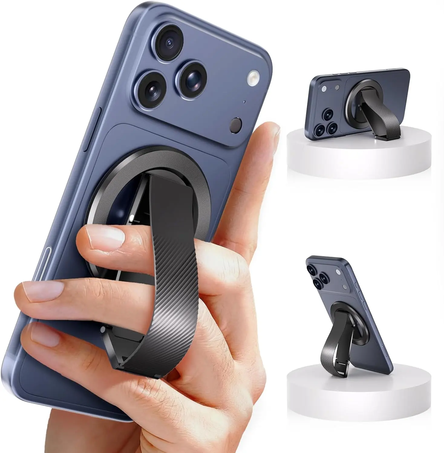 for MagSafe Phone Grip, N52 Magnetic Phone Ring Grip & Stand | 20 N52 Magnets, Silicone Finger Strap, 360° Rotation, Dual-Axis 120° Kickstand, Aluminum Body, Metal Ring Included, Black