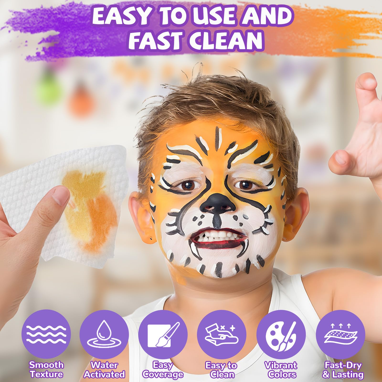 Professional Face Painting Kit for Kids 42 Color Water Activated Makeup with Stencils Gems Brushes for Halloween Parties Carnival School Event Festivals Non-Toxic Gentle Formula Coverage