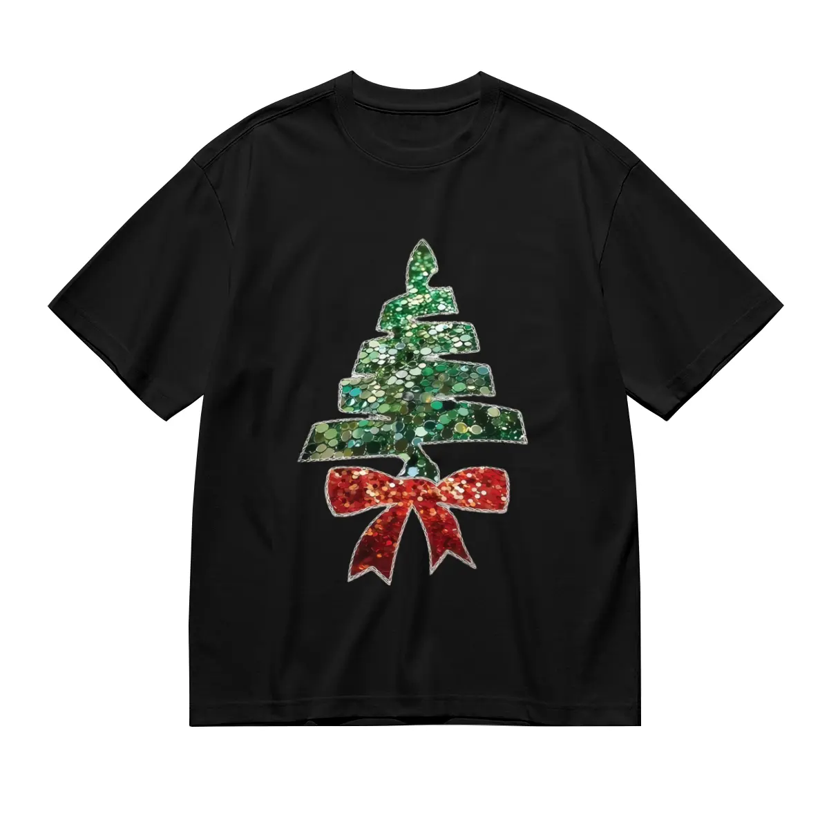 Women's Sequin Christmas Tree Print Short-Sleeve Cropped T-Shirt, Comfortable Casual Holiday Sparkle Top for Xmas Party Celebrations