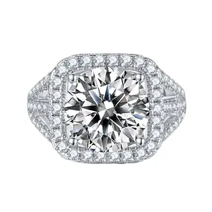 Moissanite 5CT D/VVS1 Round Cut Four-Prong Halo Split Shank Engagement Ring – 18K White Gold Vermeil on 925 Silver, GRA Certified