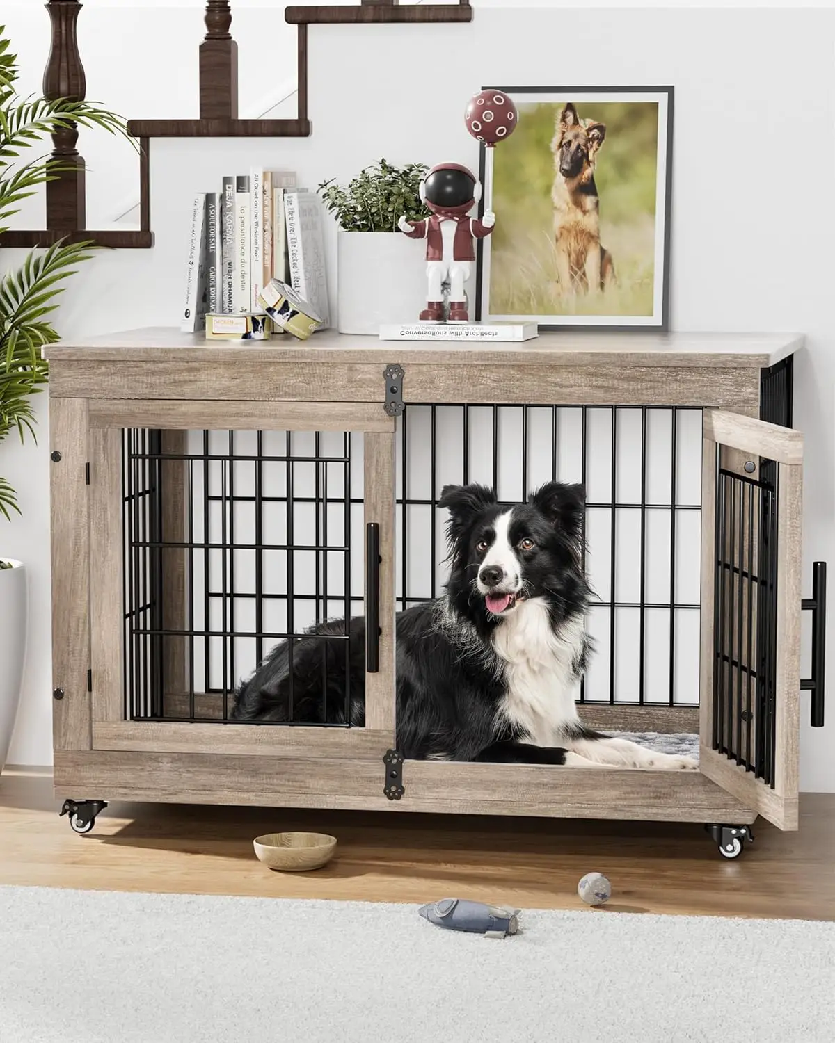 Dog Crate Furniture with 2 Doors, Size from M to XL Dog Cage, Thick Wooden Top, Heavy-Duty Dog Cage with Soft Cushion & Wheels