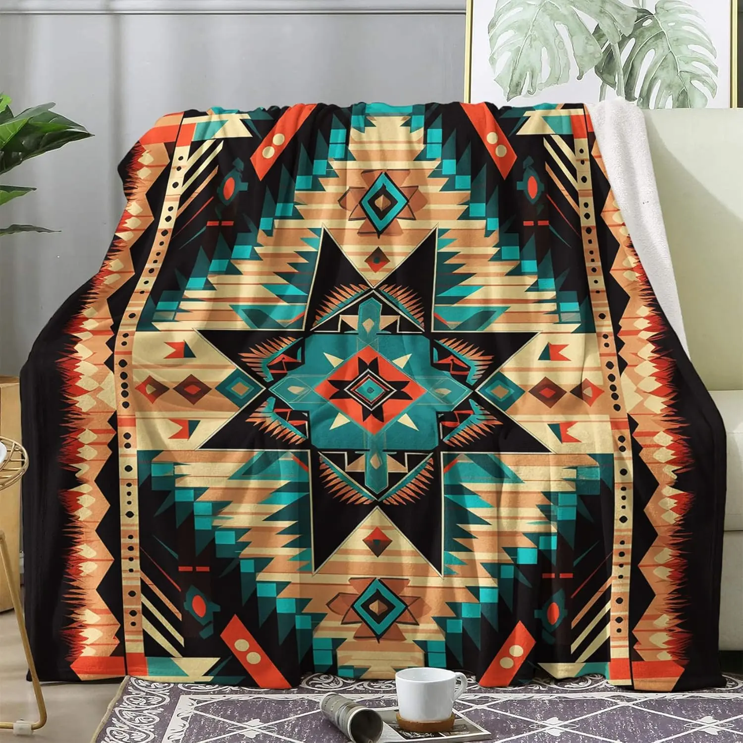 300GSM Western Blanket King Size, Native American Fleece Throw Blanket for Couch Bed Sofa, Southwestern Aztec Patterned Blankets and Throws, Super Soft Cozy Plush Flannel Blanket, Decor & Gift