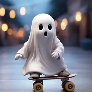 A creative and trendy ghost skateboard ornament, a cute, mischievous and lively little ghost home living room fireplace table decoration for Halloween, a Halloween gift for children, and a resin handicraft that easily creates a Halloween atmosphere