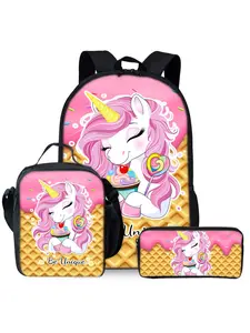 3-Piece Unicorn & Pony Print Backpack Set (Backpack, Lunch Bag & Pencil Case) Cute Versatile Backpack