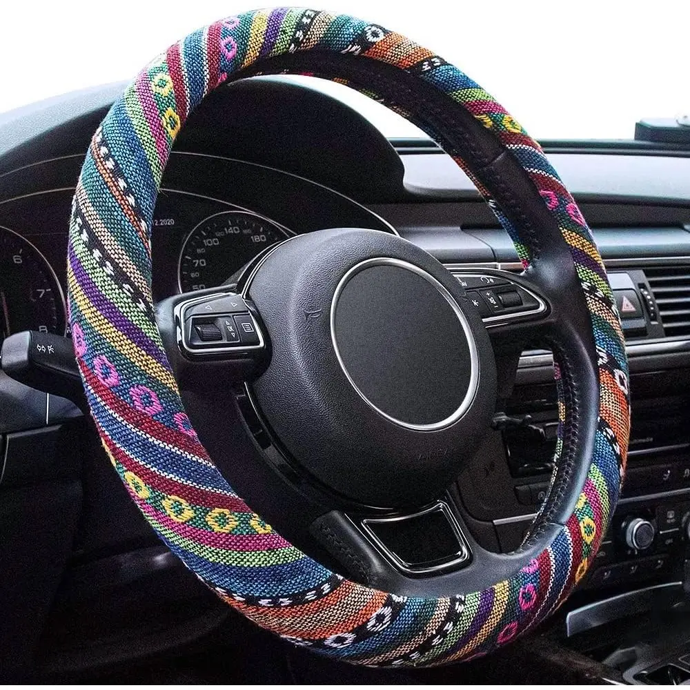 Women's Boho Elastic Microfiber Steering Wheel Cover, 15-in Universal Fit for Car SUV, Hippie Style Protector, Anti-Slip, Breathable, Sweat-Absorbing, Car Interior Decor