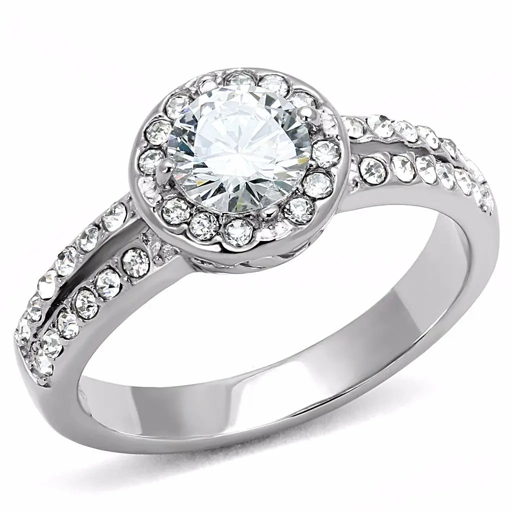 Unisex Tarnish-Free Stainless Steel Promise Ring - 6x6mm Round Center Cubic Zirconia, CZ Accent Band, All Seasons Everyday Wear Adult Jewelry